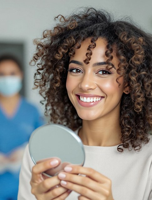 Woman smiling while holding small mirror