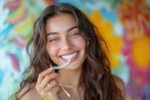 Teenager with Invisalign aligner. 